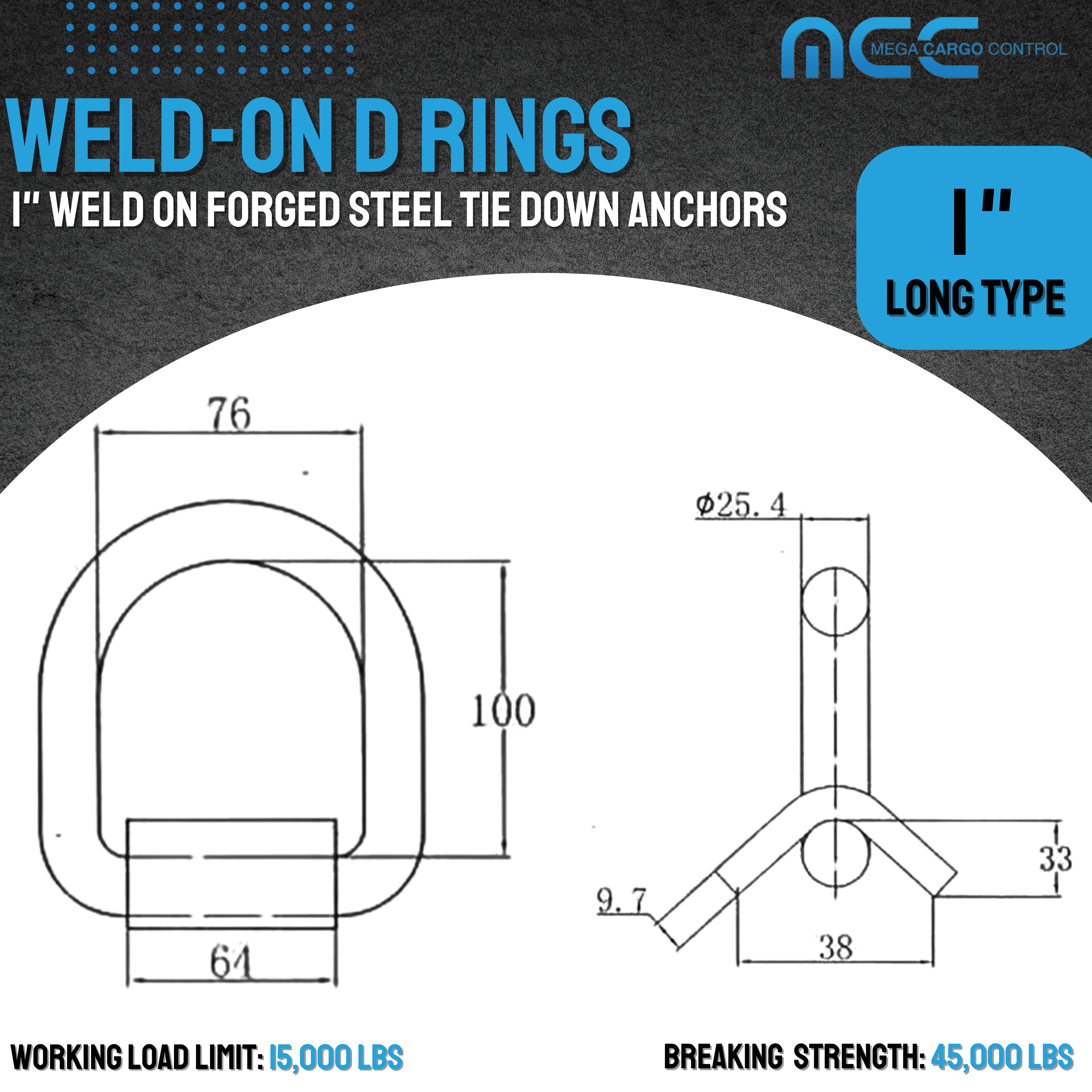 Mega Cargo Control 1 Long Type Weld-On D Rings (10-Pack) | Heavy-Duty  Forged Steel Tie Down Anchor w/Bracket for Flatbed Trucks & Trailers WLL