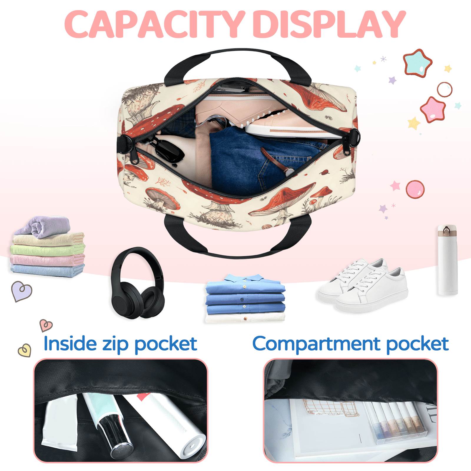Herdesigns Mushroom Printed Gym Bag for Women, Duffle Bag for Travel Sport, Lightweight Waterproof Carry on Weekender Overnight Dance Yoga Workout Bags