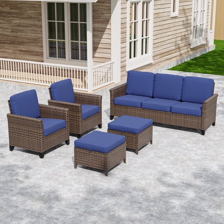 COOS BAY Harbor Retreat 5-Piece Mix Brown Rattan Wicker Outdoor Patio Conversation Set Curved Armrest Dining Chairs and 3-Seat Sofa Ottomans Blue Cushions