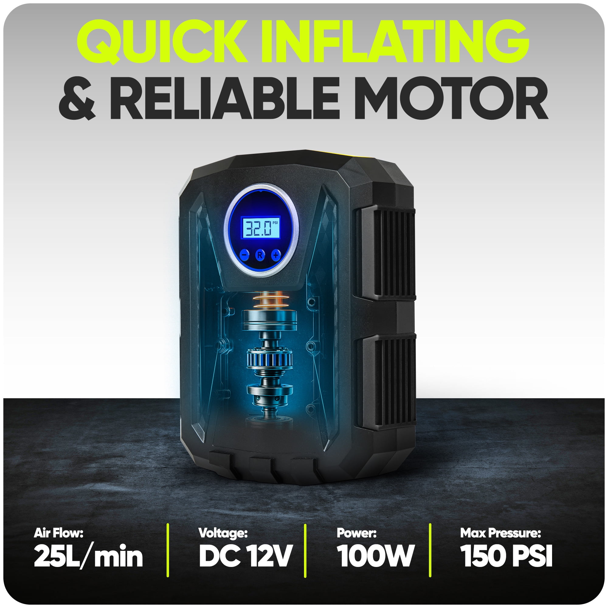 FORTEM Tire Inflator Portable Air Compressor 150 PSI, 12V Electric Bike Pump for Car Tires and Bicycles with LED Light, Digital Tire Pressure Gauge w/Auto Pump/Shut Off, Carrying Case (Black)
