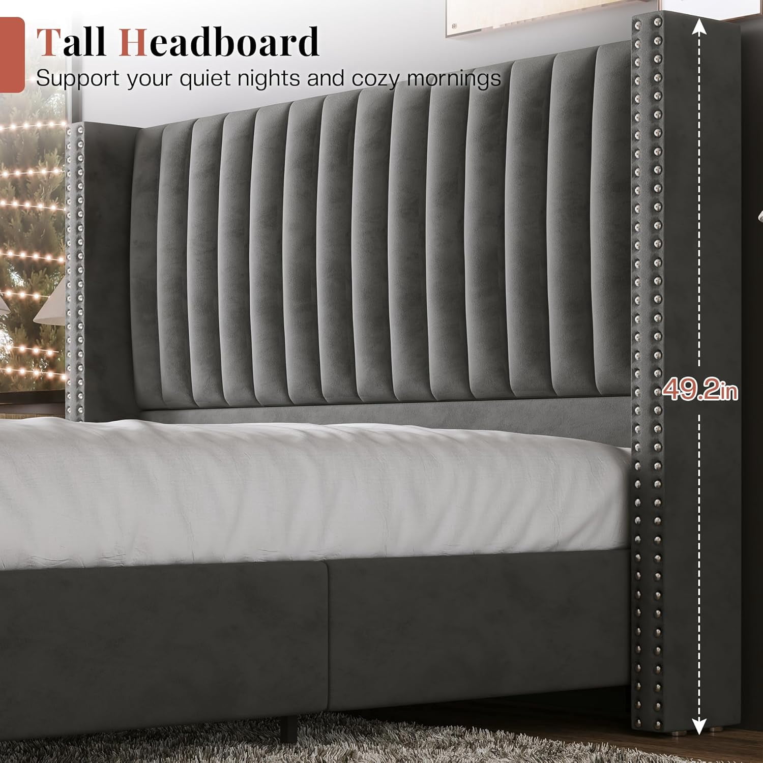 VanAcc Queen Velvet Tufted Upholstered Platform Bed Frame with Headboard , No Box Spring Needed, Grey