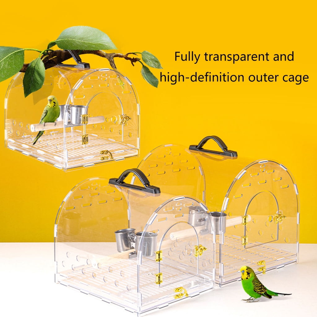 Aurgiarme Clear Acrylic Bird Cage for Travel Outdoor Bird Carriers Cage with Feeding Cup Safe Bird Parrot Transport Carrying Box
