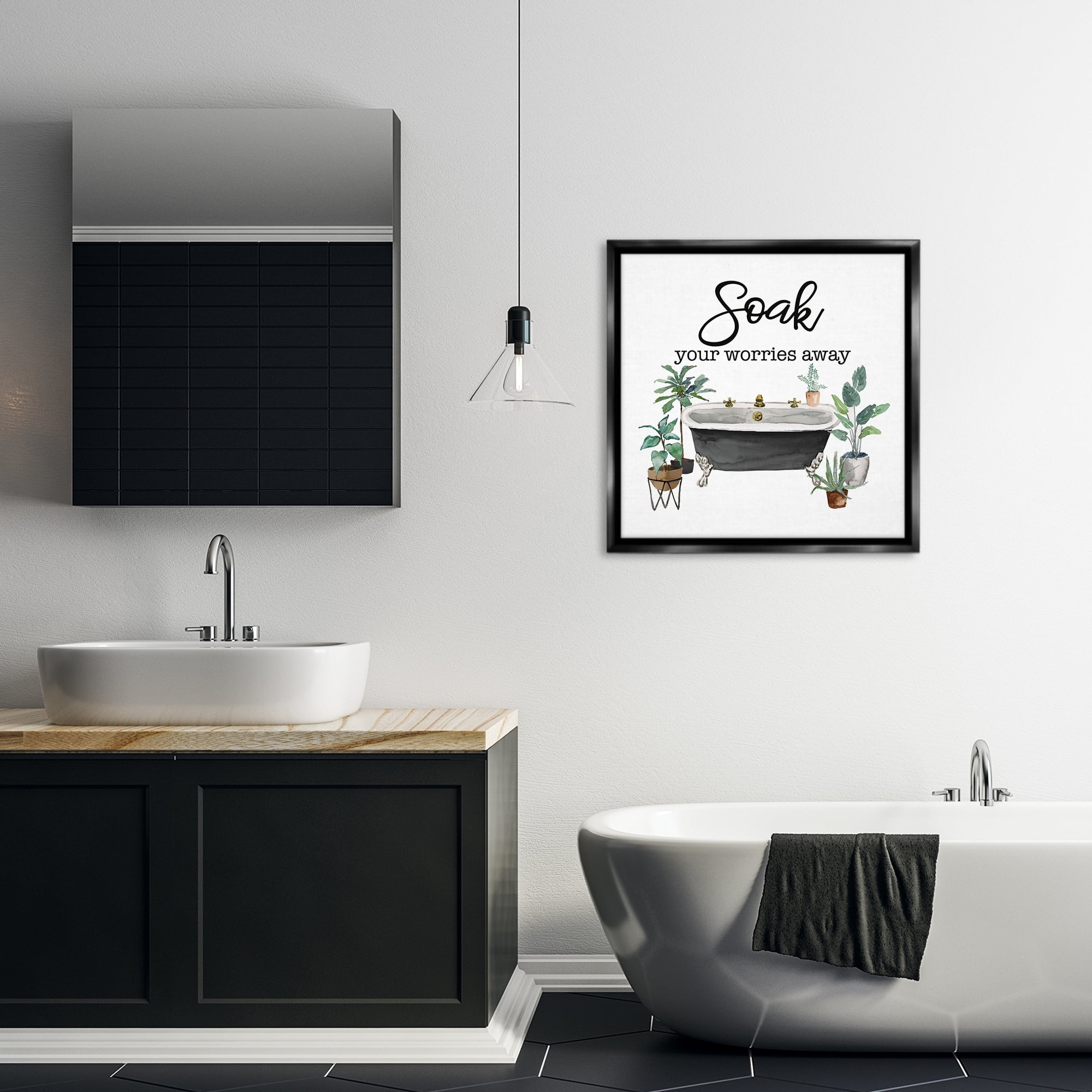 Stupell Industries Soak Worries Away Plants Bath & Laundry Painting Black Floater Framed Canvas Art Print Wall Art, 25 x 25