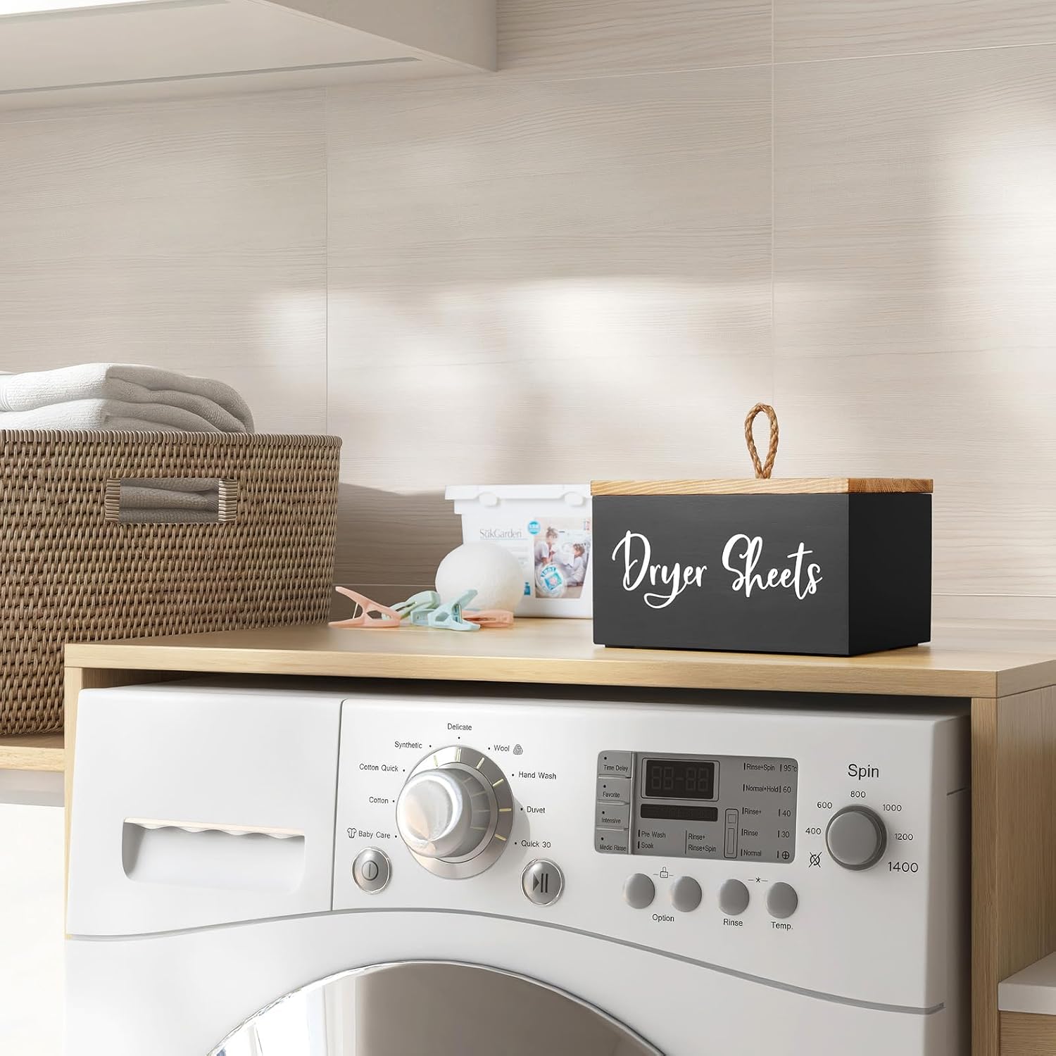Dryer Sheet Holder, Wooden Laundry Sheets Container, Room Organization and Storage for Farmhouse Decor Accessories, Fabric