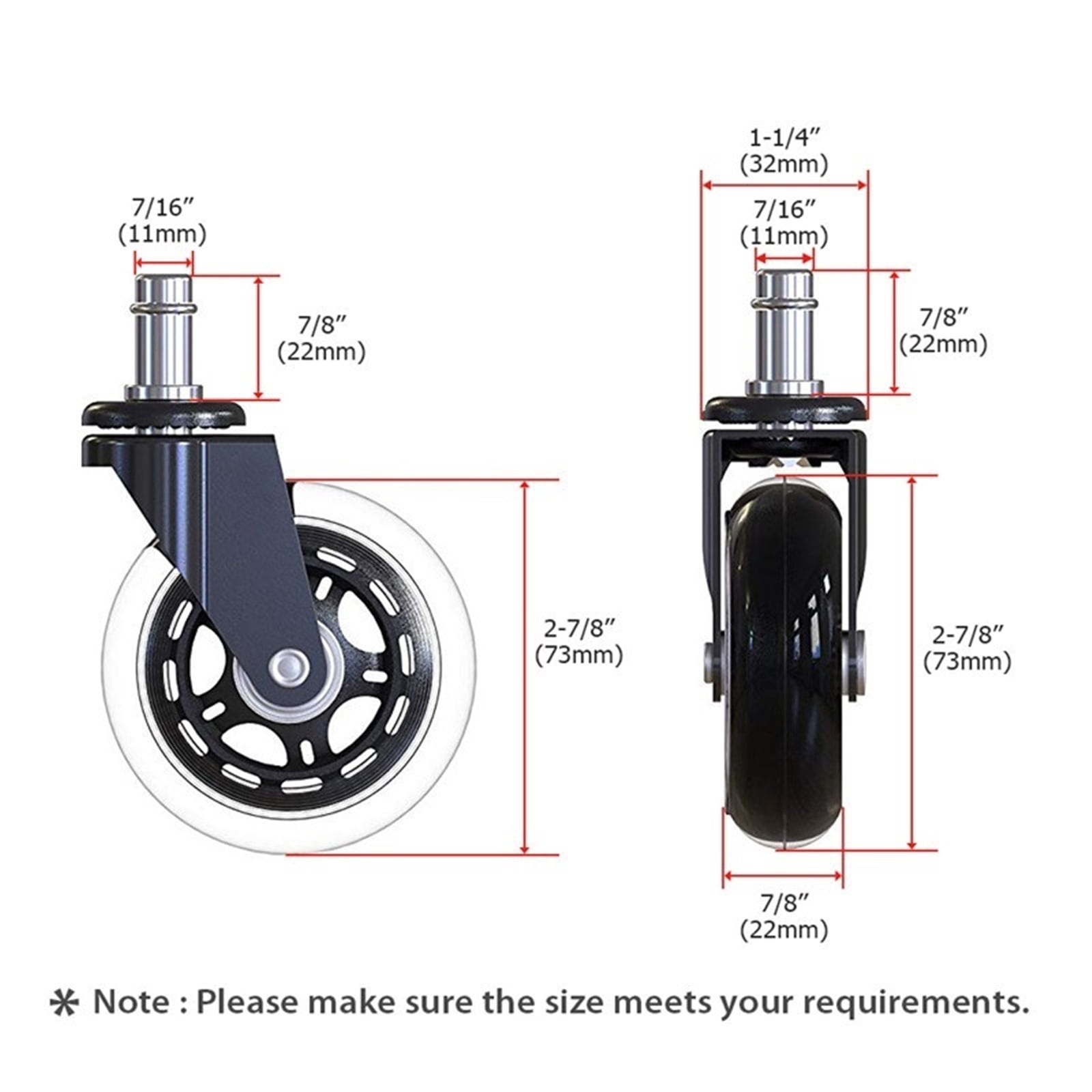 5PCS 3" Universal Mute Wheel Office Chair Caster Replacement 60KG Swivel Rubber Soft Safe Rollers Furniture Hardware ,Quiet and Smooth