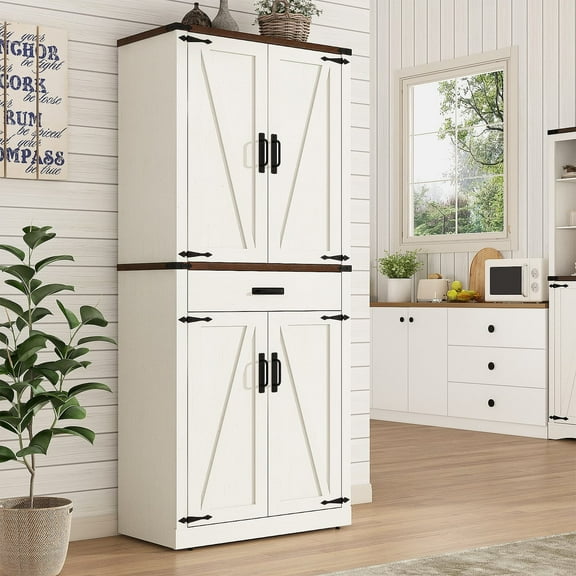 72" Tall Farmhouse Kitchen Pantry Cabinet w/1 Drawer & 4 Roomy Storage Shelves, Versatile Wood Storage Cabinet with 4 Barn Door & Adjustable Shelves & for Dining Room Bathroom Utility Room