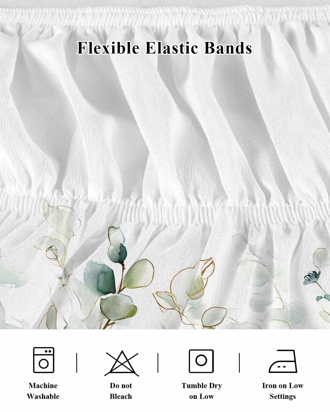 Watercolor Green Leaf Bed Skirt Queen Size 18 Inch Drop, Eucalyptus Leaves Abstract Art Adjustable Elastic Dust Ruffles Bedskirt for Queen Bed Wrap Around Pleated Mattress Frame Cover