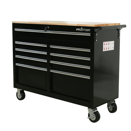 Frontier 46 in. 9-Drawer Mobile Workbench, tool chest, tool cabinet with wooden work surface in black