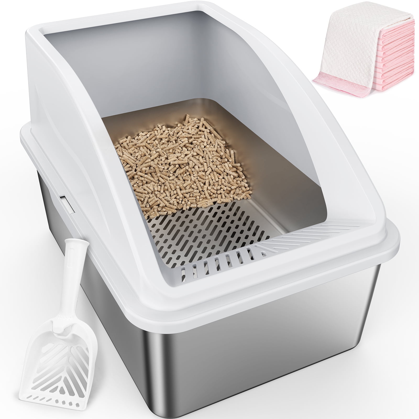 Stainless Steel Sifting Litter Box for Pine Pellet Litter, XXL Non-Clumping System with Lid for Large Cats, High-Sided, Anti-Leakage Design with Non-Stick Bottom, Silver Gray