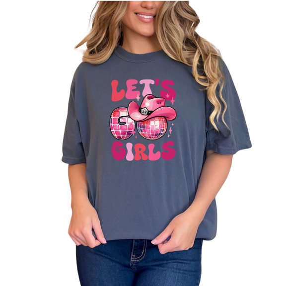 Let's Go Girls Disco Ball Cowgirl Hat Graphic Tee, Trendy Pink Party T-Shirt, Fun Retro Festive Top, Women's Casual Cute Apparel, Denim Comfort Colors T-Shirt, Small