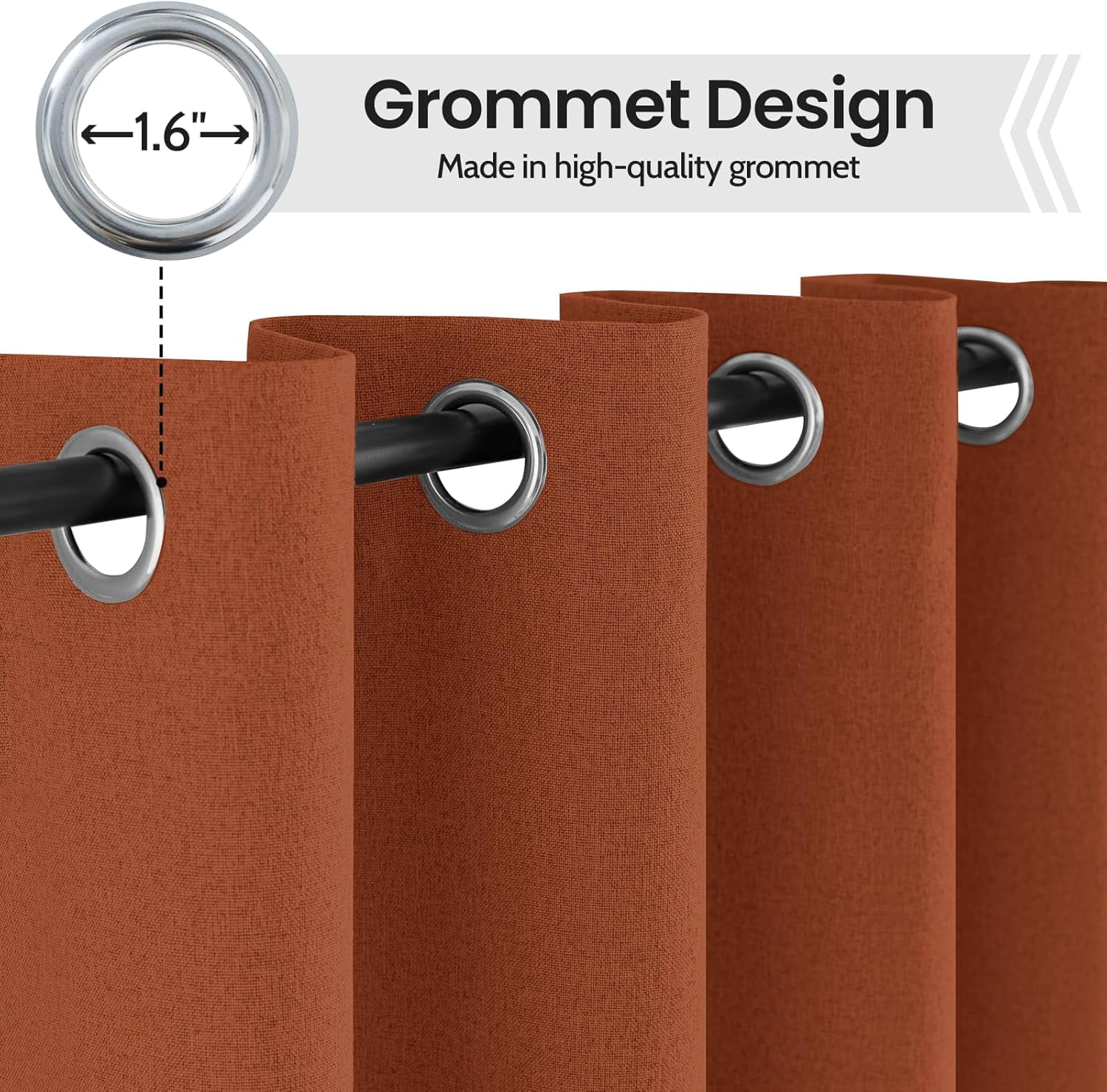 100% Blackout Burnt Orange Linen Curtains & Drapes 84 Inch Length 2 Panels Set, Full Room Darkening Grommet Insulated Thermal Window Panels for Bedroom/Living Room,52x84 inches
