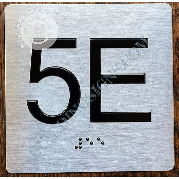 Apartment Number 5E Sign with Braille and Raised Number (Aluminum, 4x4, Double Sided Tape, Silver)-The Sensation line (ref-2201)
