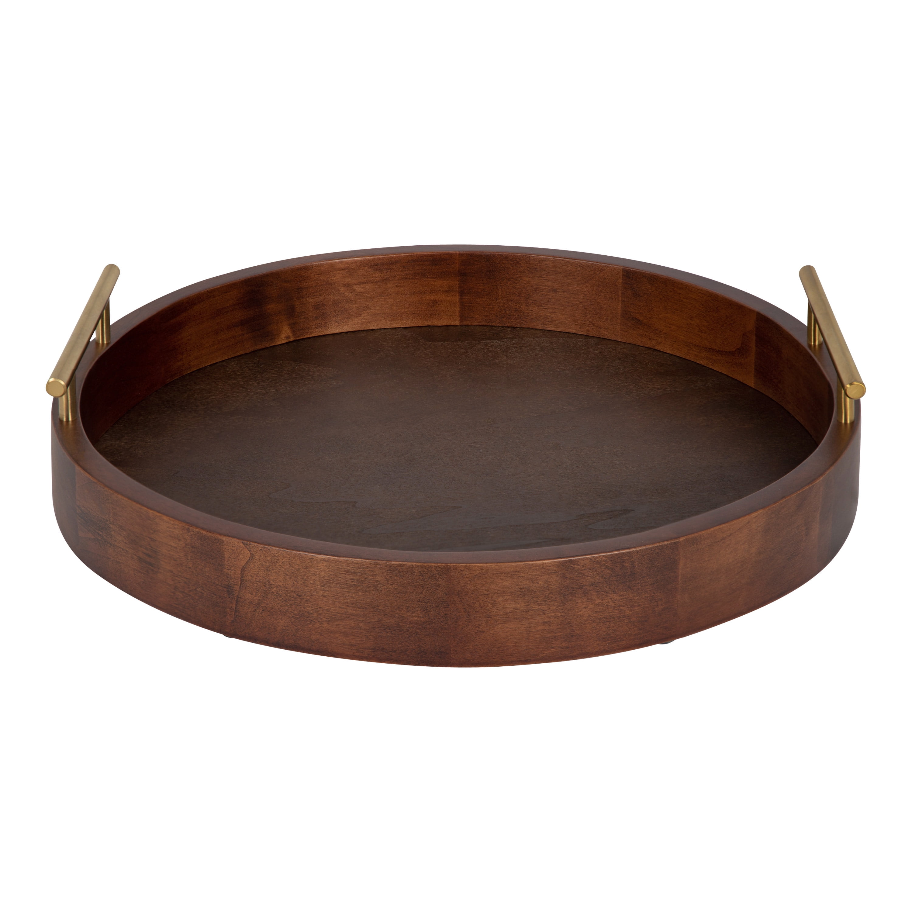 Kate and Laurel Lipton Mid-Century Modern Round Wooden Tray, 15.5" Diameter, Dark Walnut Brown with Gold Handles, Decorative Accent Tray for Storage and Display