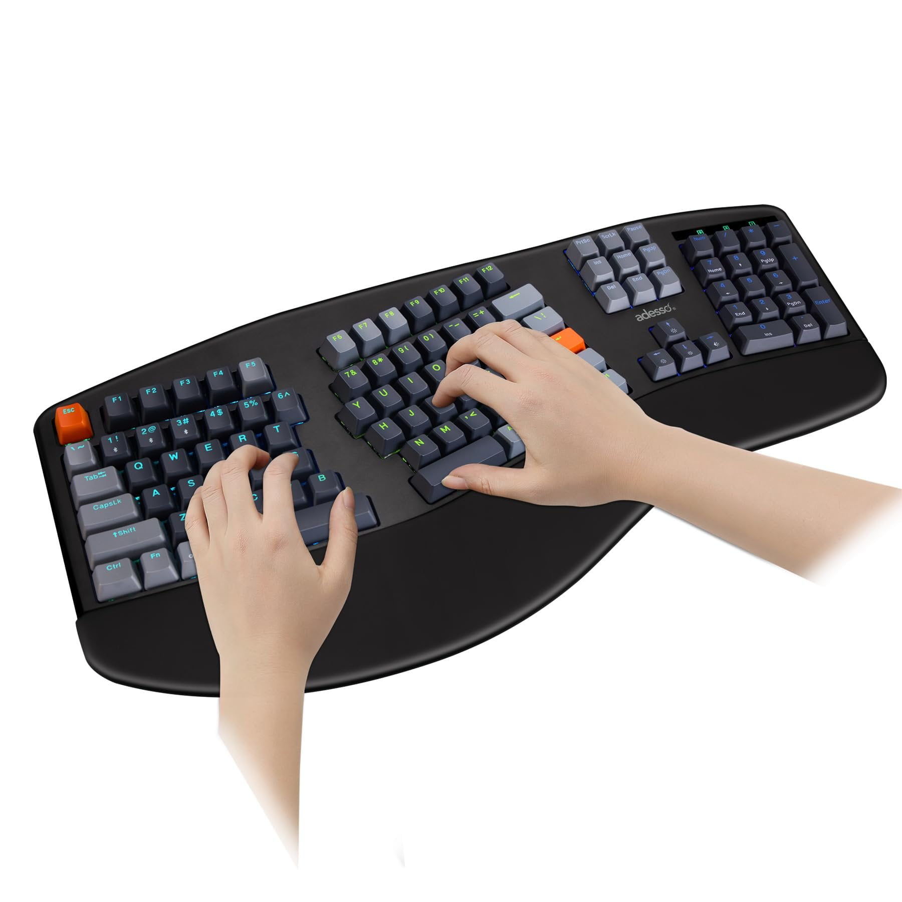 ADESSO EasyTouch 1500 Ergonomic Mechanical Keyboard with Cherry Red Switches Wired Wireless Bluetooth RGB Illuminated Multi OS for Mac VIA Programmable with Copilot AI Hotkey