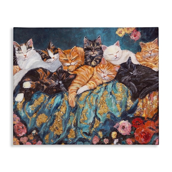 Sleepy Kitty Crowd with Flowers Canvas Wall Art, design by Sara Culpepper