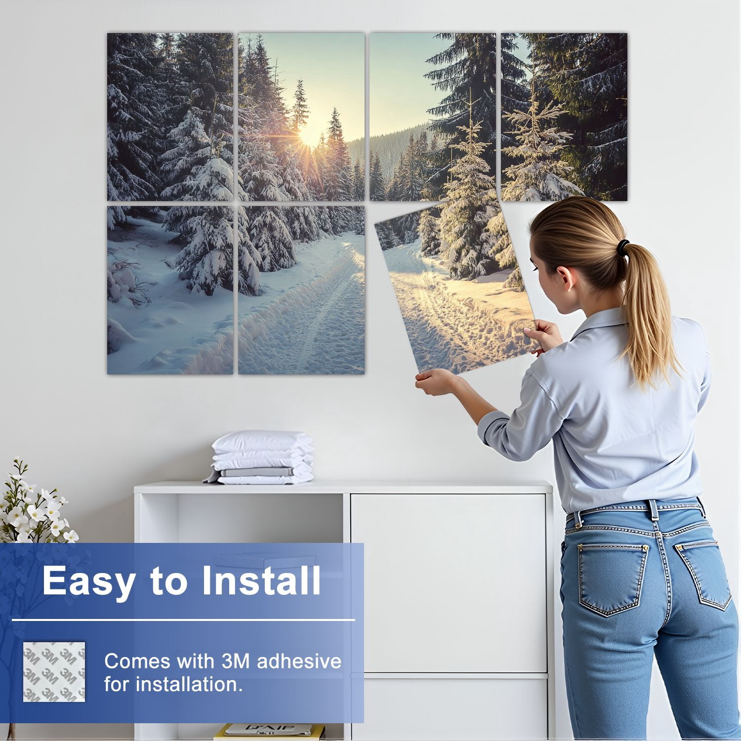 Forest 8 Pack Art Acoustic Panels Sound Absorbing Snow covered pine trees sunset Decorative Soundproof Wall Panels Self Adhesive for Nursery Game Room Bedroom 48"x32"