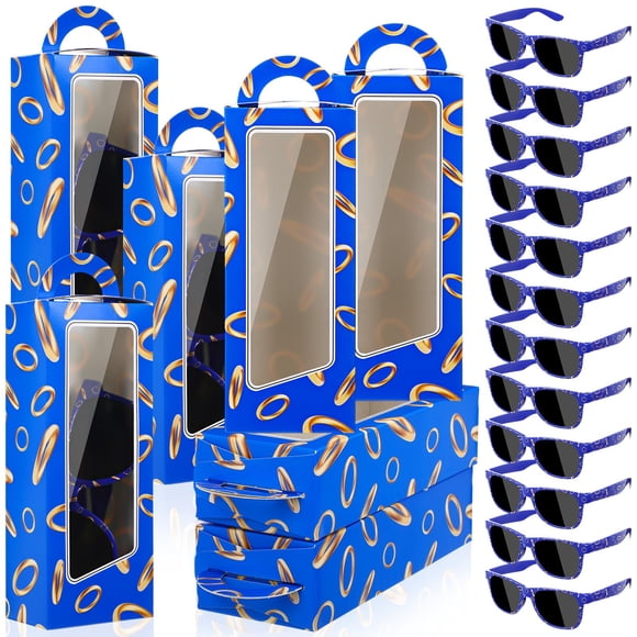 Set de recuerdos para fiesta con aros azul y dorado Relaxweex con cajas de regalo