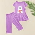 thumbnail image 3 of Odeerbi Kids Girls 2 Piece Outfits Ruffle Tops Capris Set Summer Clothes Floral Print Round Neck Short Sleeve Flying Sleeves Top Elastic Waist Cropped Pants Two-piece Set Purple, 3 of 5