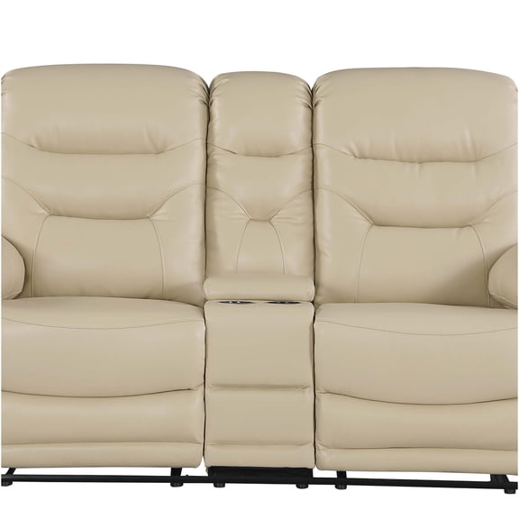 JERFIT Leather Reclining Loveseat with Console, Beige Faux Leather Sofa Couch for Living Room, Manual Recliner