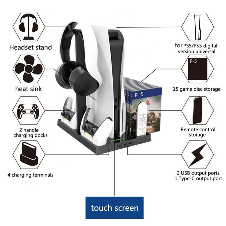 Vertical Stand with Headset Holder and Cooling Fan Base for PS5 Console  Playstation 5 Accessories, 1 Headphone Stand, 2 Controller Chargers,15 Game