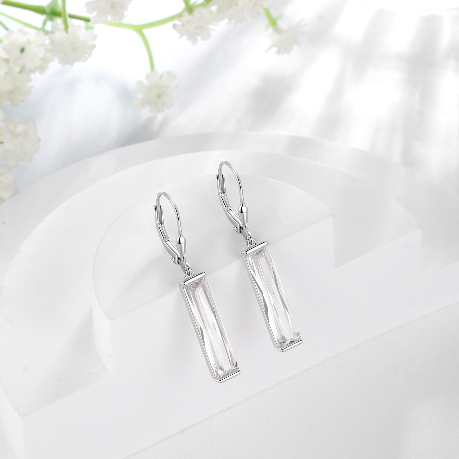 Juwaliy Leverback Long Dangle Earrings Sterling Silver Women April Birthstone Earrings Diamond Crystal Wedding Bridal Jewelry Birthday Gift