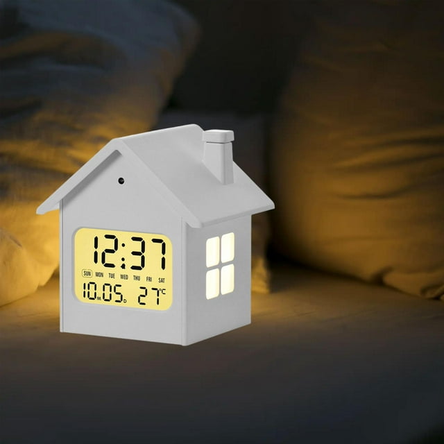 Reloj Despertador en Forma de Casa Digital para Niños con Luz Automática Sensorial Pantalla de Día y Temperatura Material PP Función Silent Snooze Adecuado para Escritorio Juvenil Blanco