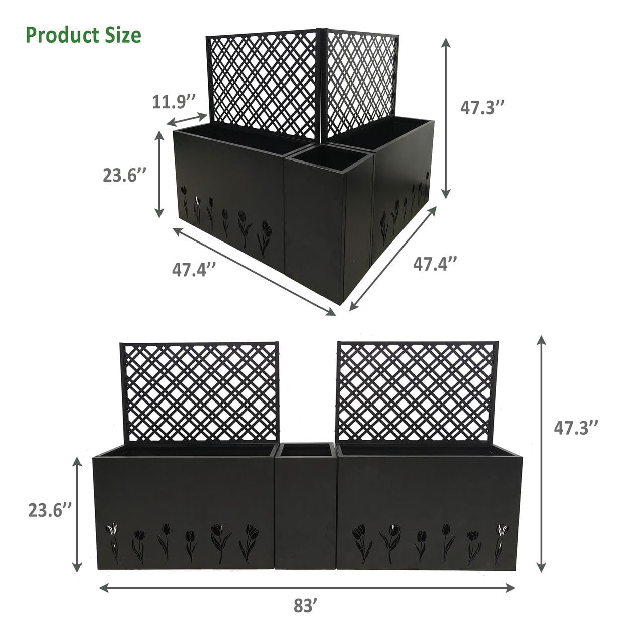Mintazer Corner Metal Planter Box Set of 3 with Trellis & Tulip Pattern, Outdoor 47.3 in Raised Privacy Screen with Drainage Holes for Patio, Black