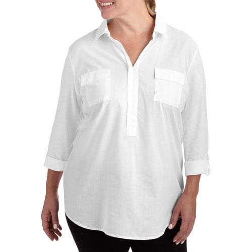 Women's Plus-Size Split Collar Top With Woven Front - Walmart.com