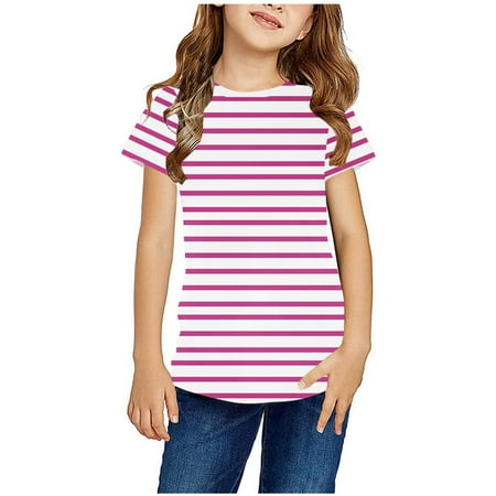 BLTIBY Short Sleeve Tops for Girls Boys Round Neck Striped Printed T-Shirt Trendy Lightweight Pullover Blouse 2025 Pink 2 4-5 Years