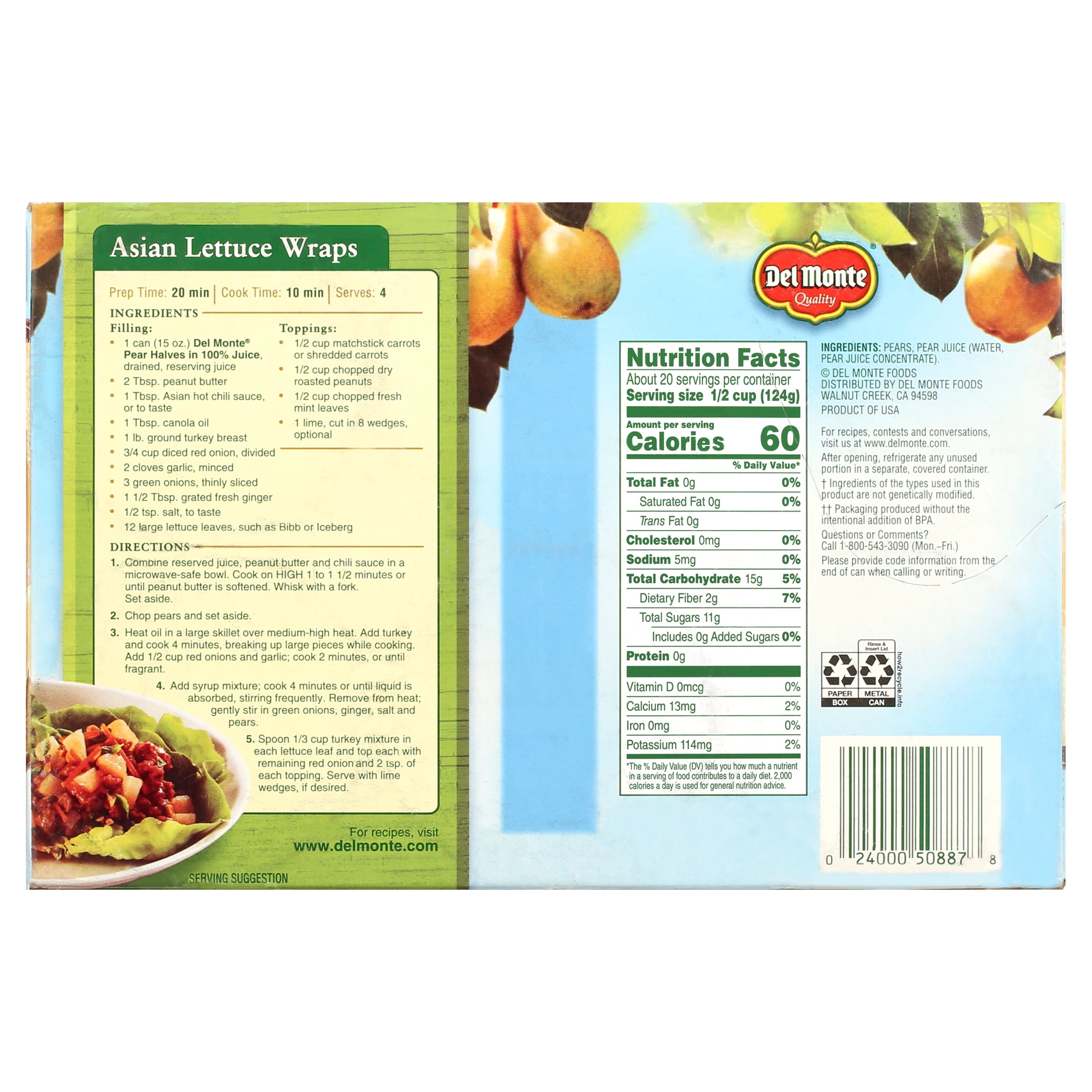 (6 Cans) Del Monte Canned Pear Halves, 100% Juice, 15 oz