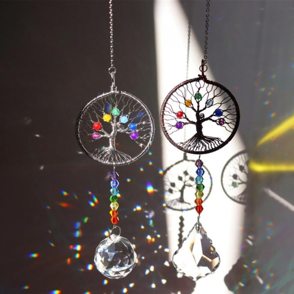 Crystal Suncatcher Chakra Colors Beads Life Tree Window Hanging Ornament Decor 