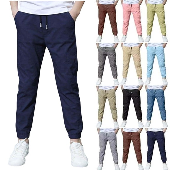Sevevn Boys Linen Pants School Uniform Chino Pants Kids Drawstring Elastic Waist Pull on Twill Jogger Pants with Pockets 4-11 Years