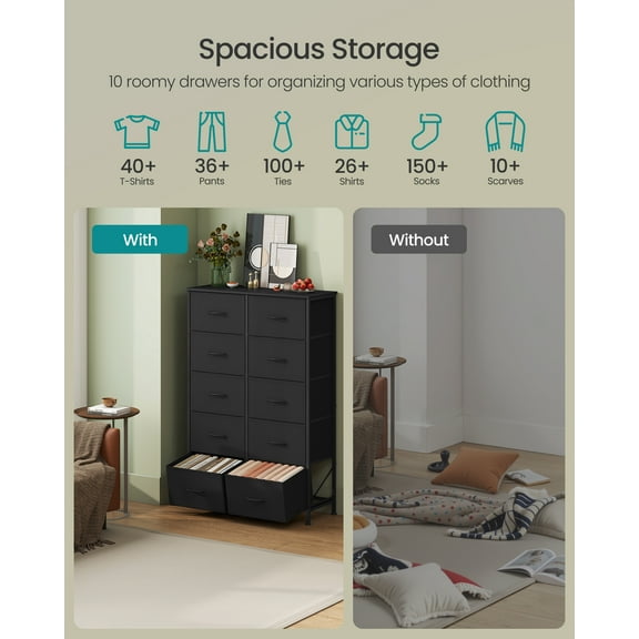 10-Drawer Storage Dresser - Steel Frame Organizer with Non-Woven Fabric Drawers, Multi-Use Chest for Bedroom, Entryway, Black