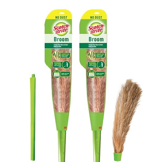 Scotch-Brite Balai en Fibre Sans Poussière - Vert, Lot de 2 Jadoo pour Sol Dur, Portable, Compact, Léger, Nylon, Plastique Nettoyage Facile des Sols - Jaadu à Poils Rabattables Poignée Amovible