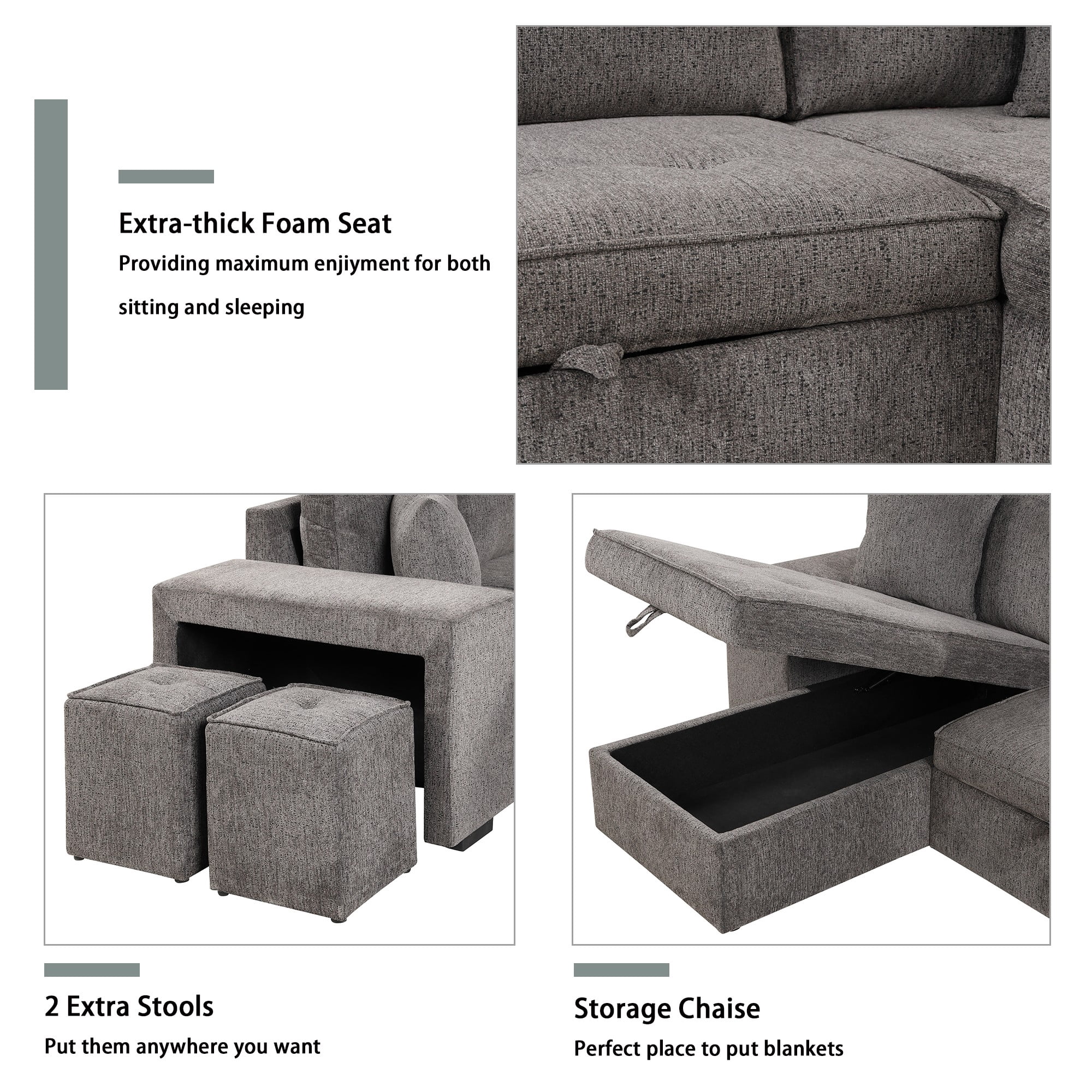 104.5" 3 Seat Reversible Sectional Couch, L-Shape Modern Pull Out Sleeper Sofa with Storage Chaise and 2 Stools for Living Room,Gray