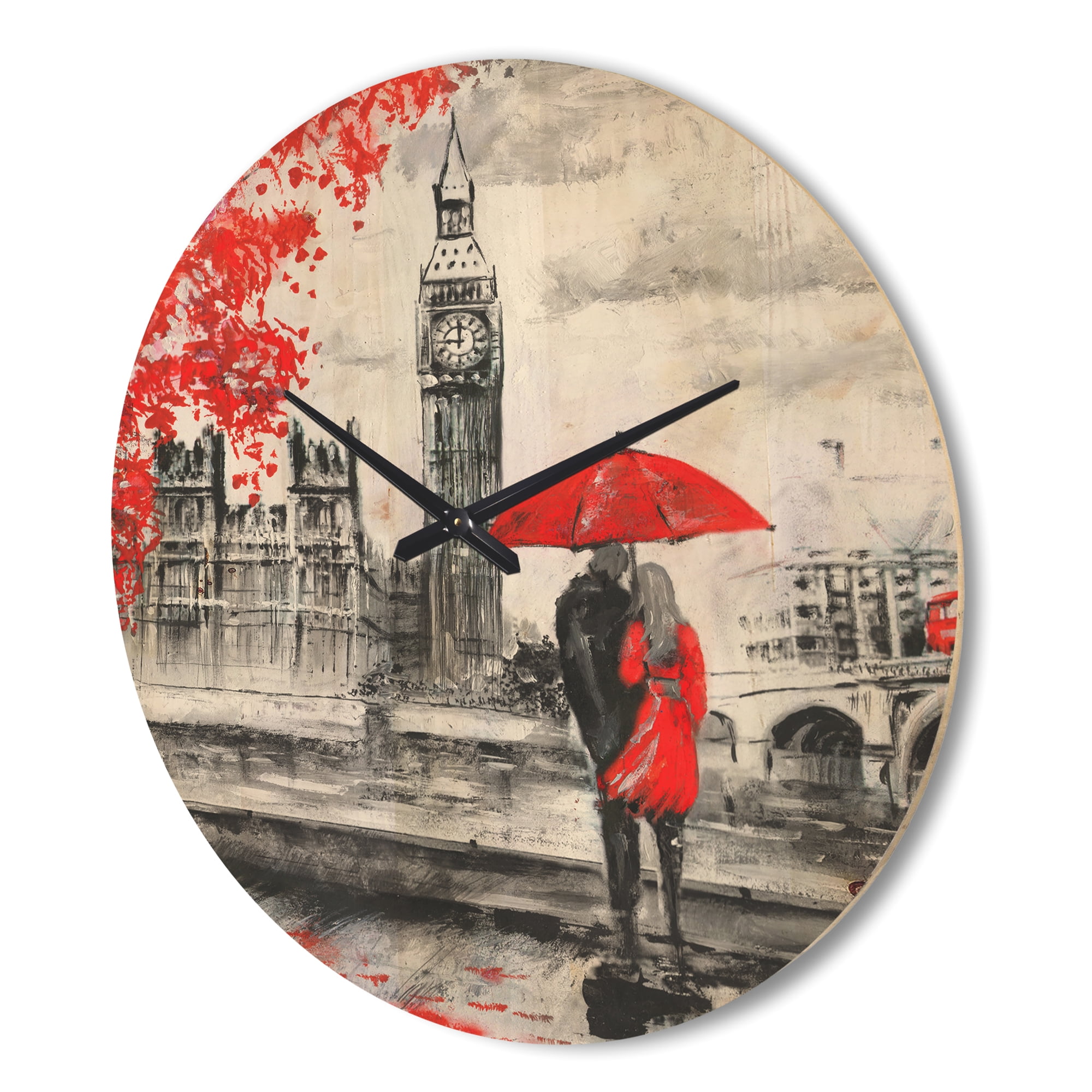 Designart 'Couples Holding Umbrella Walking in Paris II' Modern Wood Wall Clock