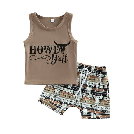 

Zervatek Infant Boys Summer Clothes Outfits Letter Cow Print Crew Neck Sleeveless Tank Tops and Elastic Waist Shorts 2Pcs Suit