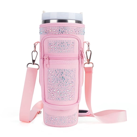 APHISON Water Bottle Carrier, Bling Rhinestone, Adjustable Shoulder Strap, Neoprene Sleeve with 2 Pockets for Hiking and Travel - Pink With Pouch
