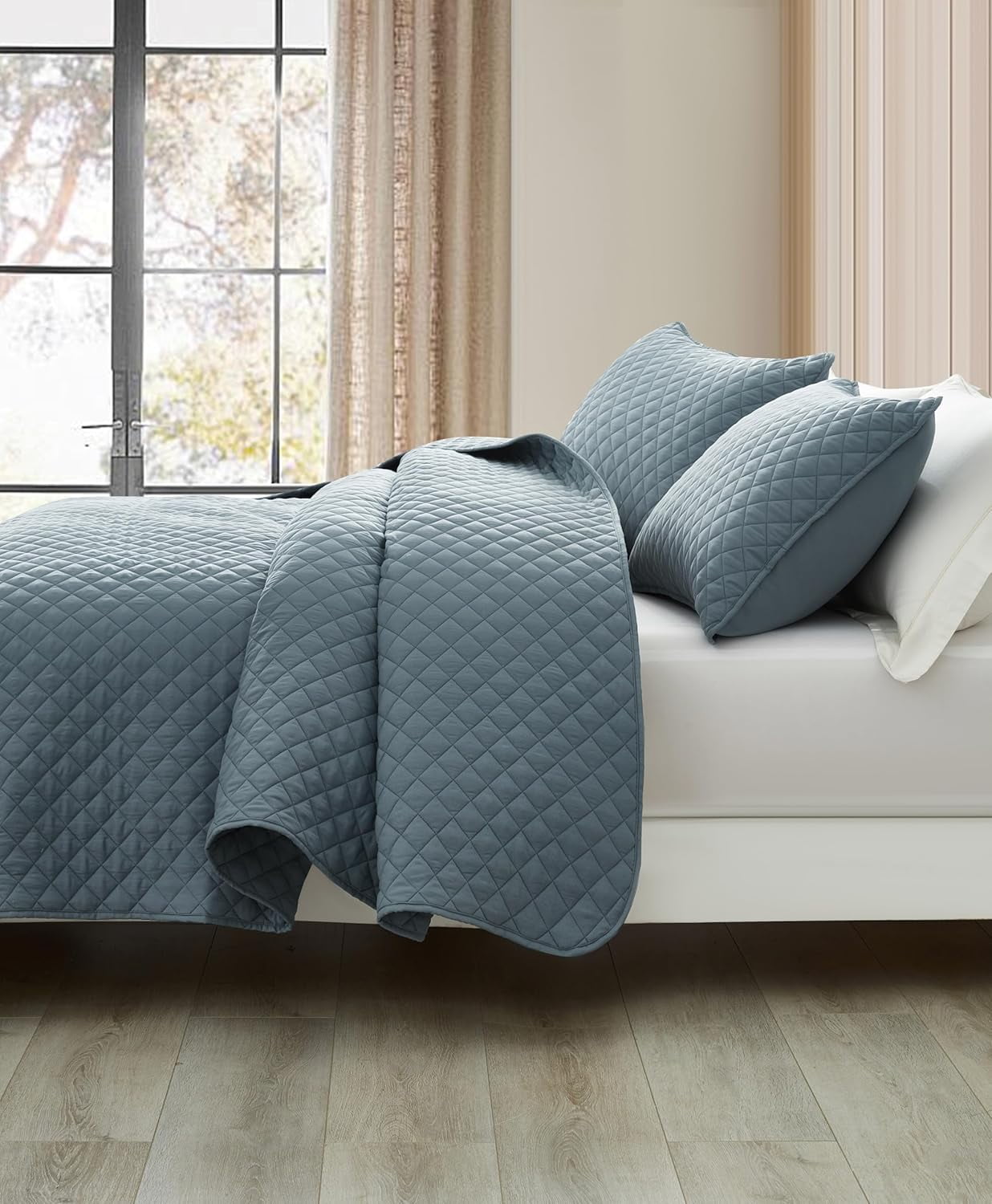 Chezmoi Collection Teo 3-Piece Dusty Blue Queen Size Quilt Set - Diamond Stitched Lightweight Microfiber Bedspread Set Bedspread Set for All Seasons
