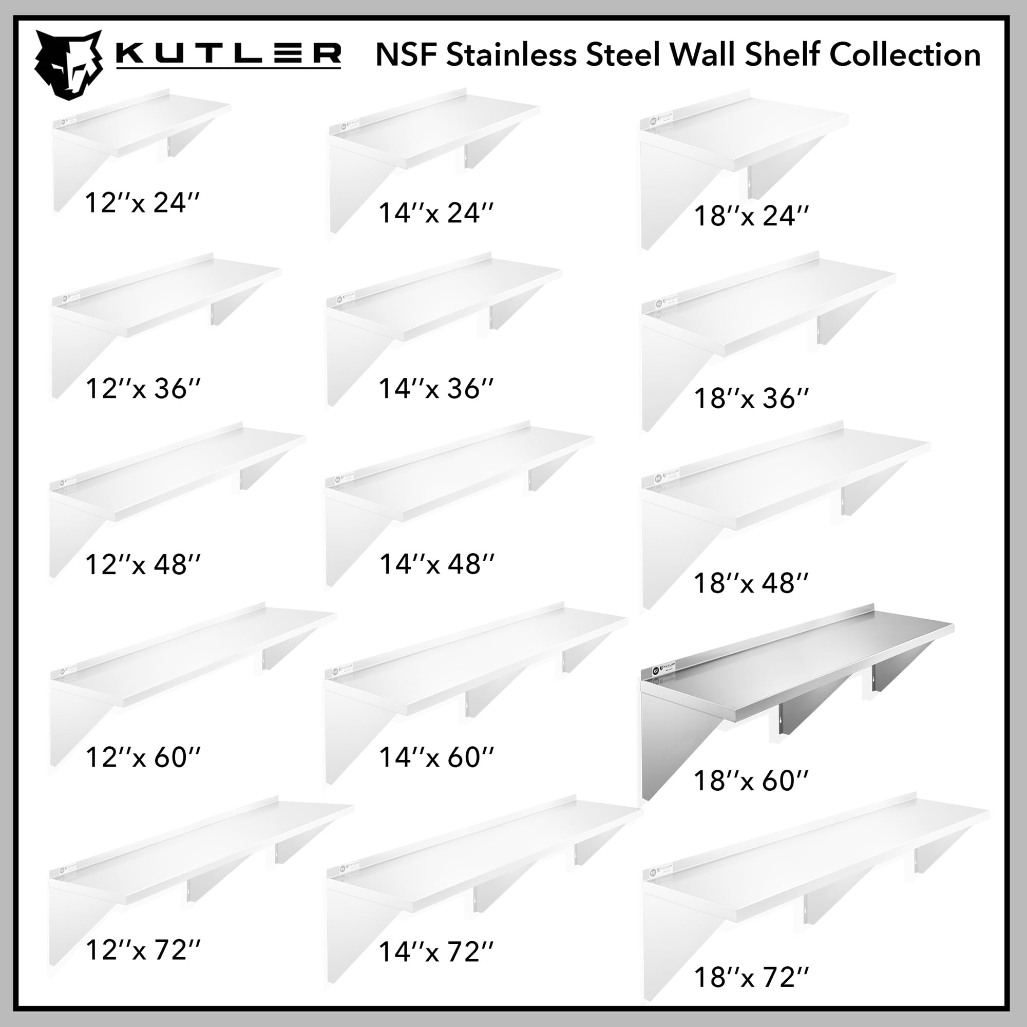 KUTLER 18" x 60" Stainless Steel Shelf, NSF Commercial Wall Mount Shelving w/ Backsplash, Floating Metal Mounted Shelves for Restaurant, Kitchen, Home