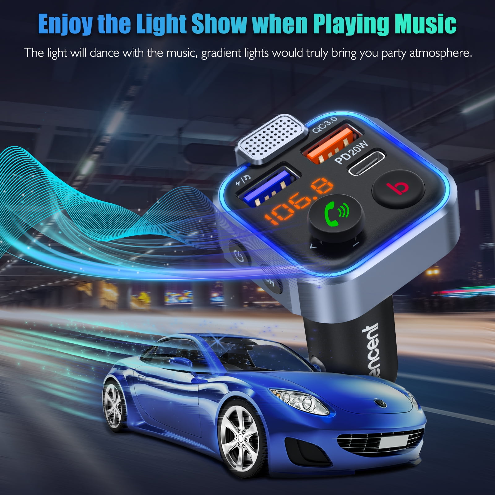 LENCENT Wireless Bluetooth 5.0 FM Transmitter for Car, Type-C PD