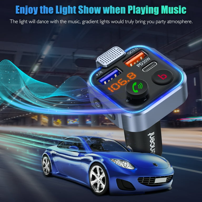 LENCENT Wireless Bluetooth 5.0 FM Transmitter for Car, Type-C PD 20W+ QC3.0  Fast USB Charger, Vehicle Mp3 Player Receiver HiFi Bass Sound, Cigarette