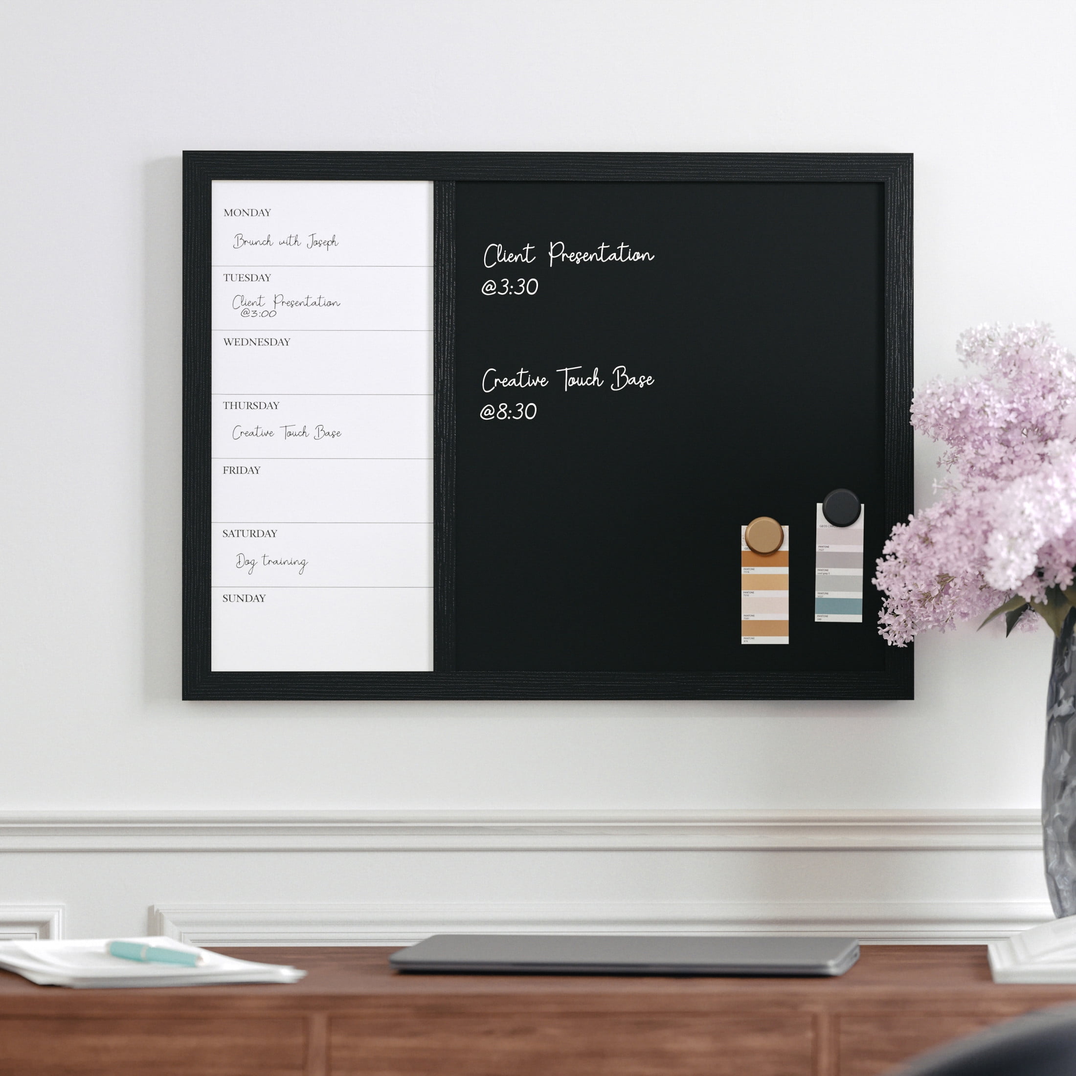 Martha Stewart Everette 24"x18" Magnetic Weekly Calendar Dry Erase Board and Chalk Board with Liquid Chalk Marker and Magnets, Black Woodgrain Frame
