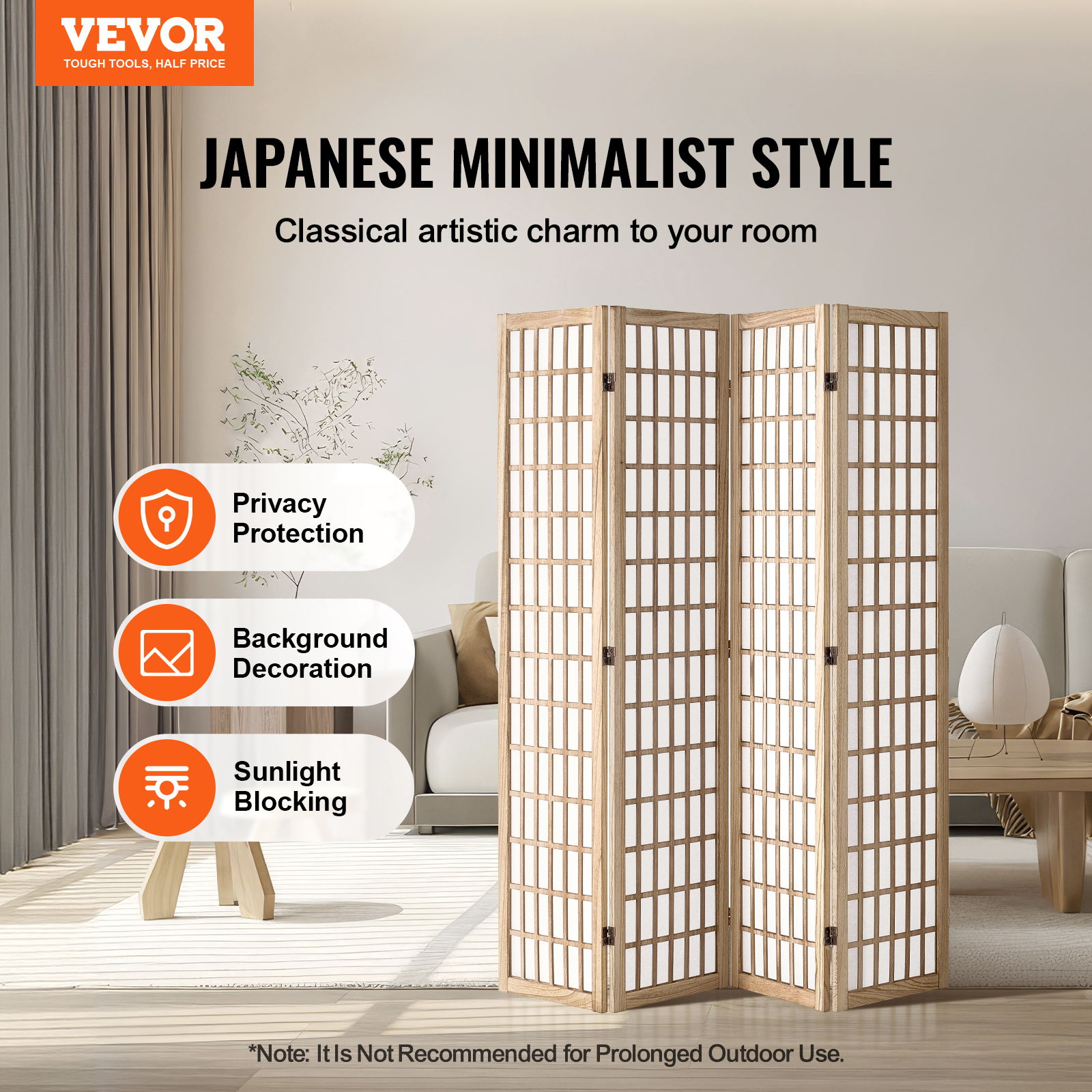 VEVOR Room Divider, 4 Panel Japanese Room Divider, Folding Privacy Screen Indoor, Portable Partition Dividers and Decoration Screens, for Room Separation,Home,Office,Restaurant & Bedroom (Natural)