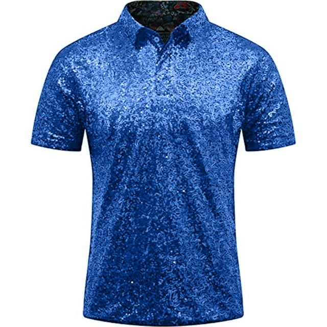 Camisa de fiesta disco con lentejuelas para hombre: manga corta, cuello vuelto, doble capa, 96 % poliéster, diseño brillante para discotecas.