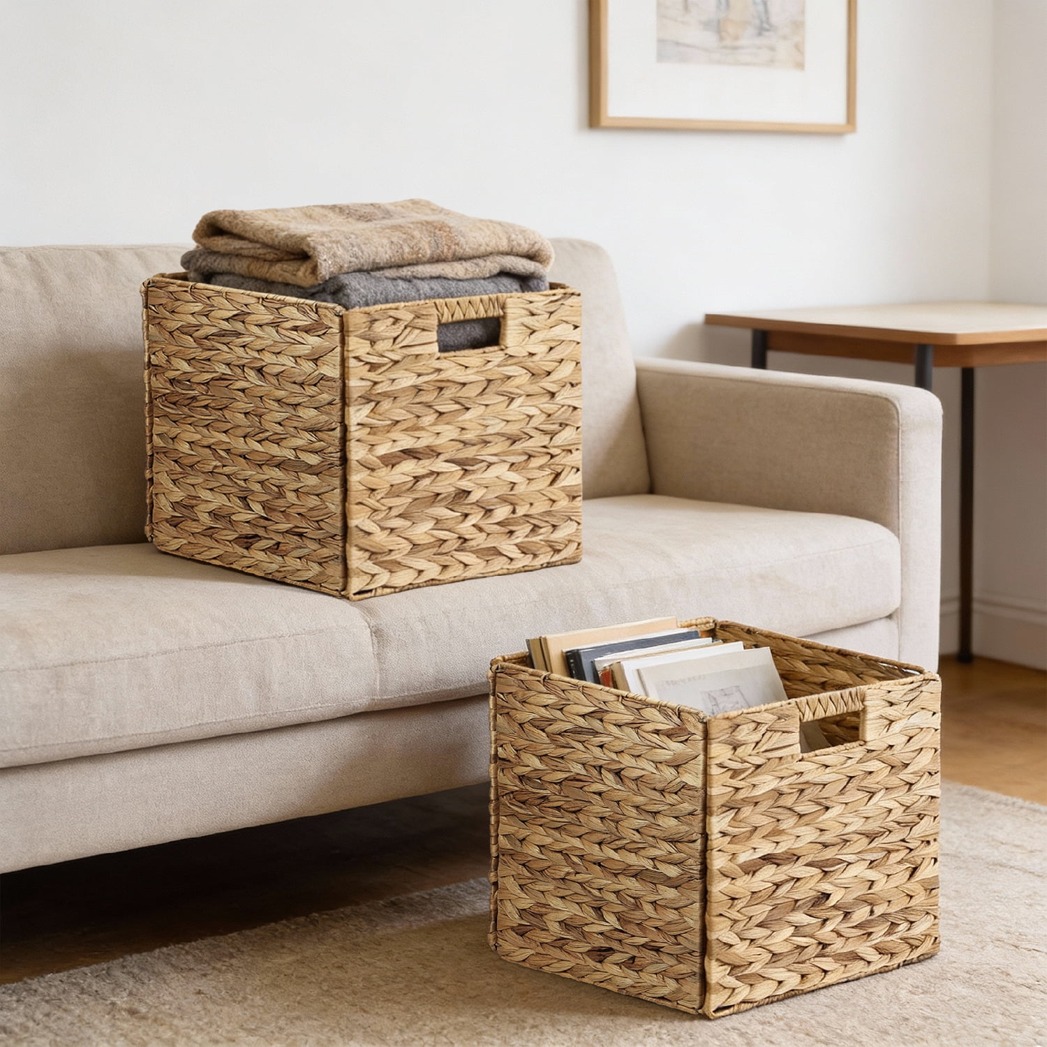 Garnen Wicker Basket 12" x 12",  Woven Storage Basket for Shelves with Handles, Large Foldable Cube Storage Basket Bins
