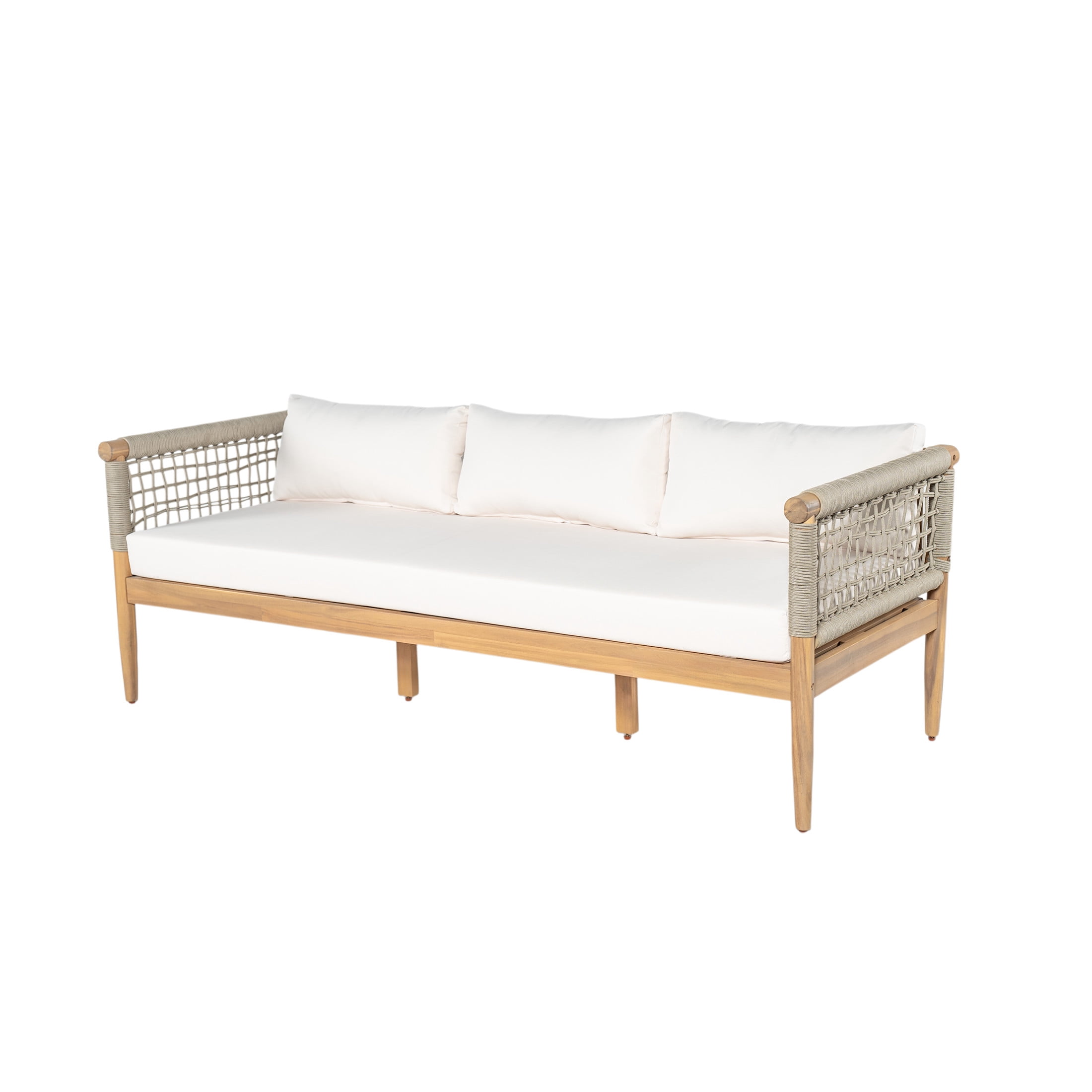 Christopher Knight Home Modern 3-Seater Outdoor Sofa, Patio Bench with Rope Woven Arms, Beige Cushions