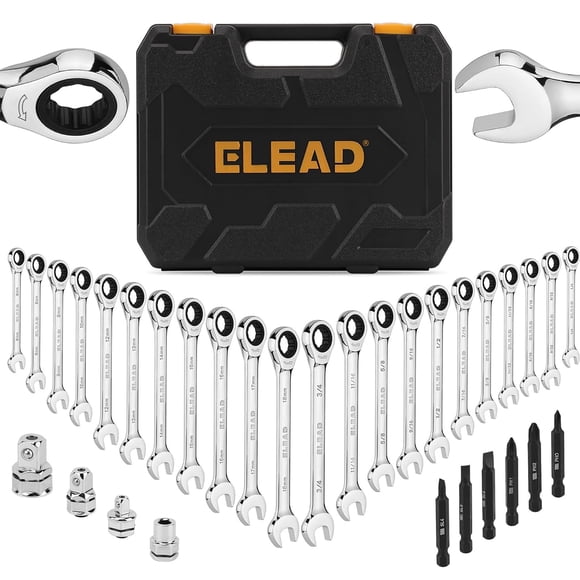 ELEAD 33-Piece Combination Ratchet Wrench Set | SAE & Metric Sizes (1/4" to 3/4" & 6-18mm) | 72-Tooth Gear Design | CR-V Steel | Organizer Carry Case | Ideal for Mechanic