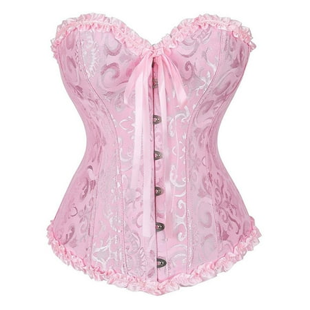 CHCNHAC Bustier Tops for Women Satin Boned Lace Up Corset Tops Cute Floral Pleated Trim Strapless Shapewear Plus Size Victorian Corsets Pink L