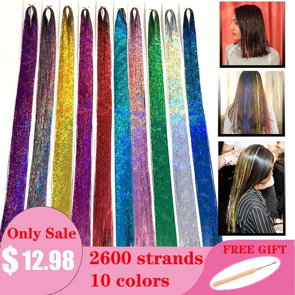 Lingse 44 Quot Hair Tinsel Kit With Tool 2600 Strands 10 Colors Shiny Sparkle Fairy Hair Streaks Glitter Bling Synthetic Hairpieces 2600 Strands Walmart Com Walmart Com